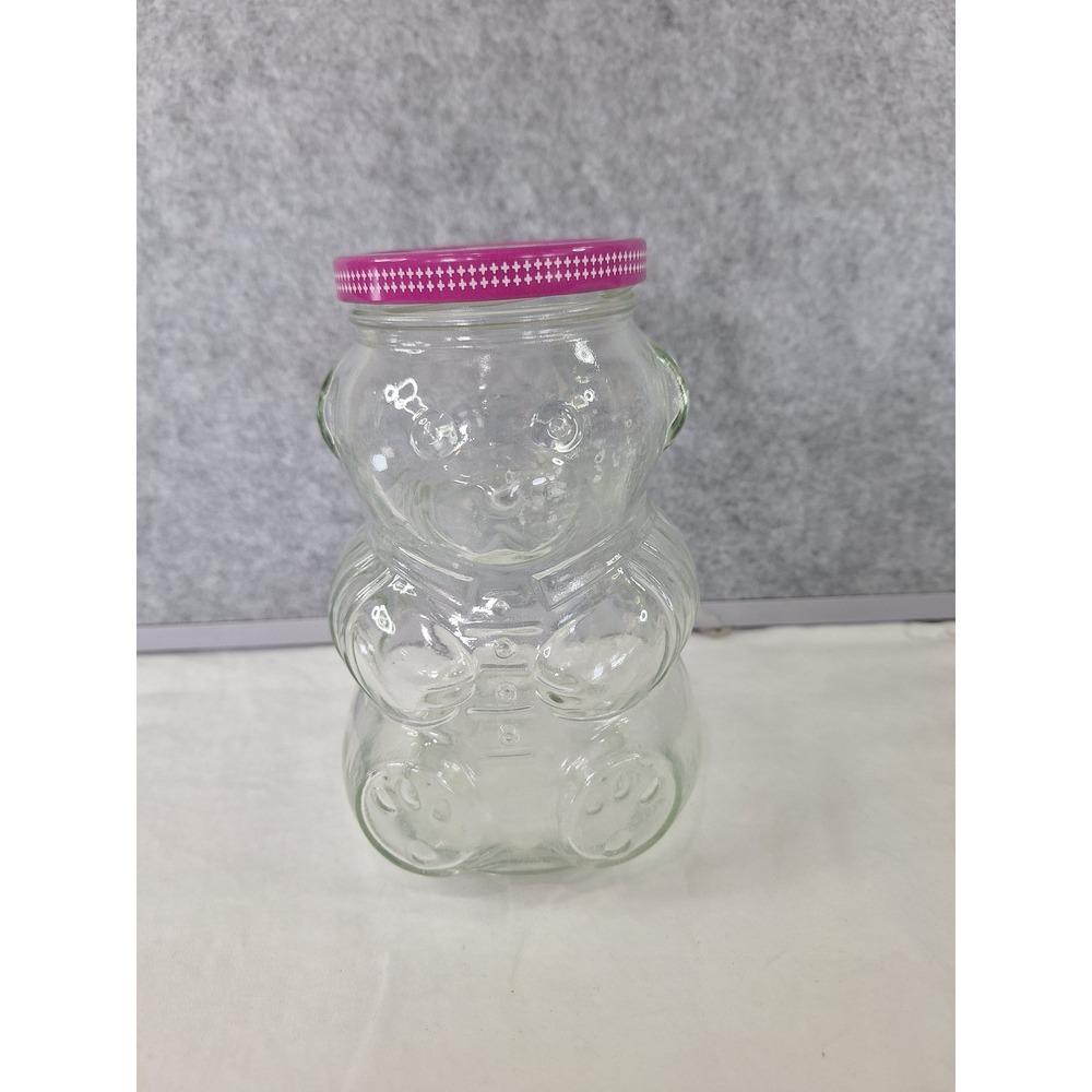 Vintage Kraft Grape Jelly Glass Teddy Bear Jar with Purple Lid Collectible
